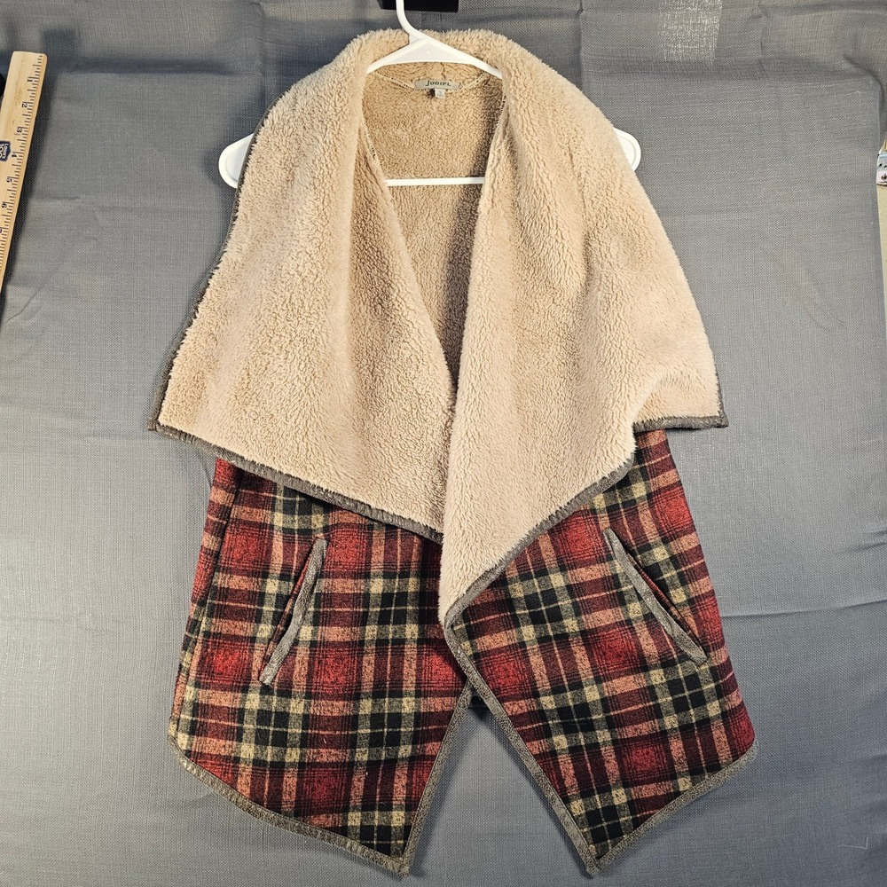 Jodifl Womens Plaid Sherpa Lined Open Front Vest Red‎ Black Tan Small J1800